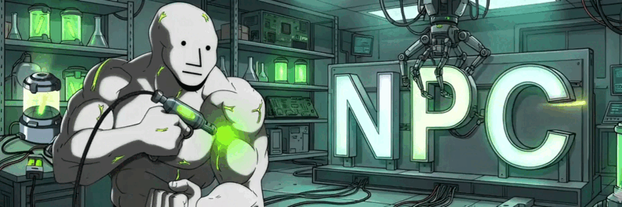 NPC injecting the serum in the lab, neon NPC sign in the background
